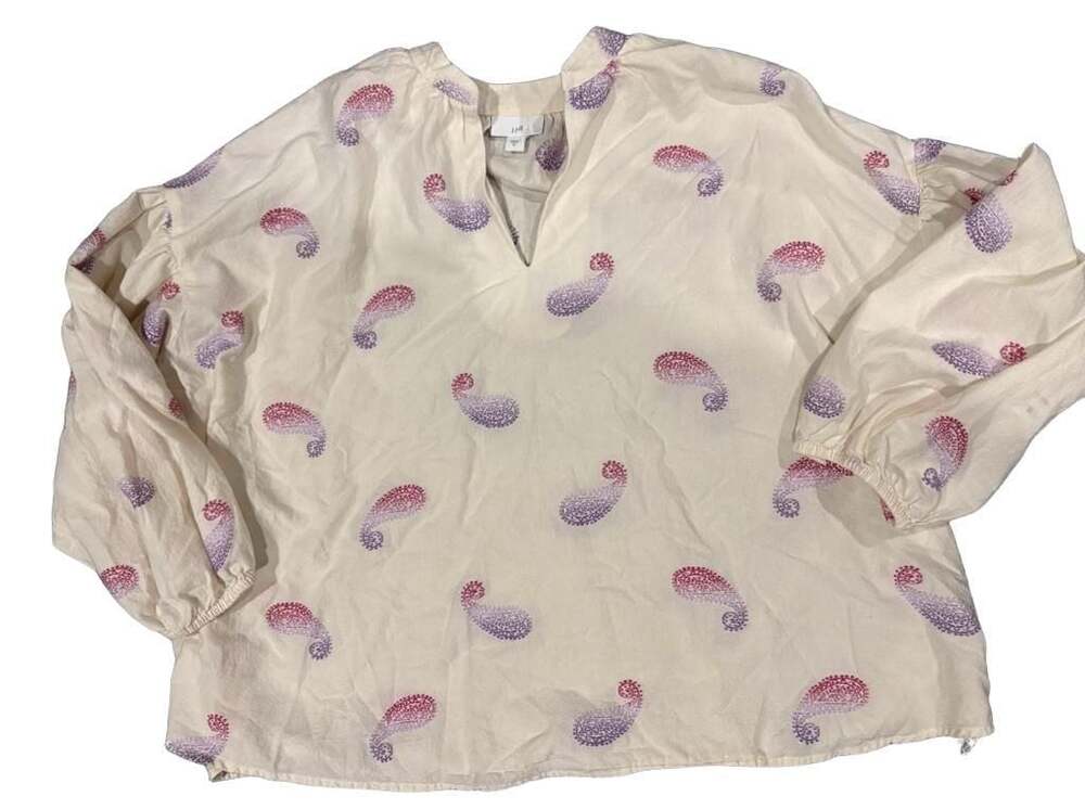 J.Jill Cream Paisley Print Split Neck Balloon Sleeve Blouse